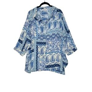 Rose & Olive Paisley Patchwork Print Button Down‎ Blouse 1X Cottagecore Blue